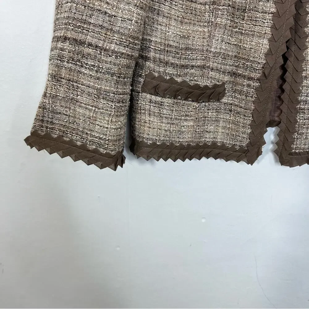 Worth Tan Linen Blend Ribbon Accent Brooch Trim Blazer Size 8